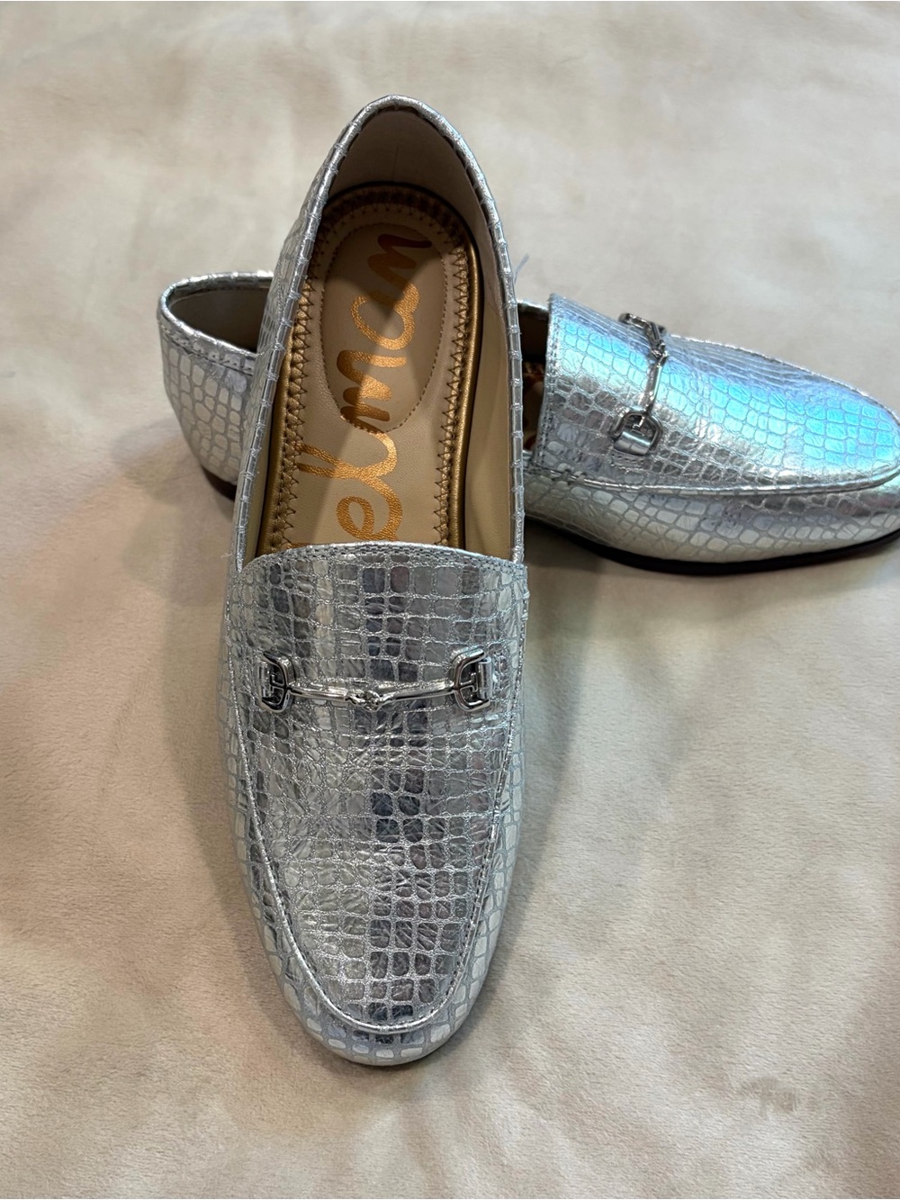 Sam Edelman Lorraine metallic silver crocodile loafer slip on flats 6